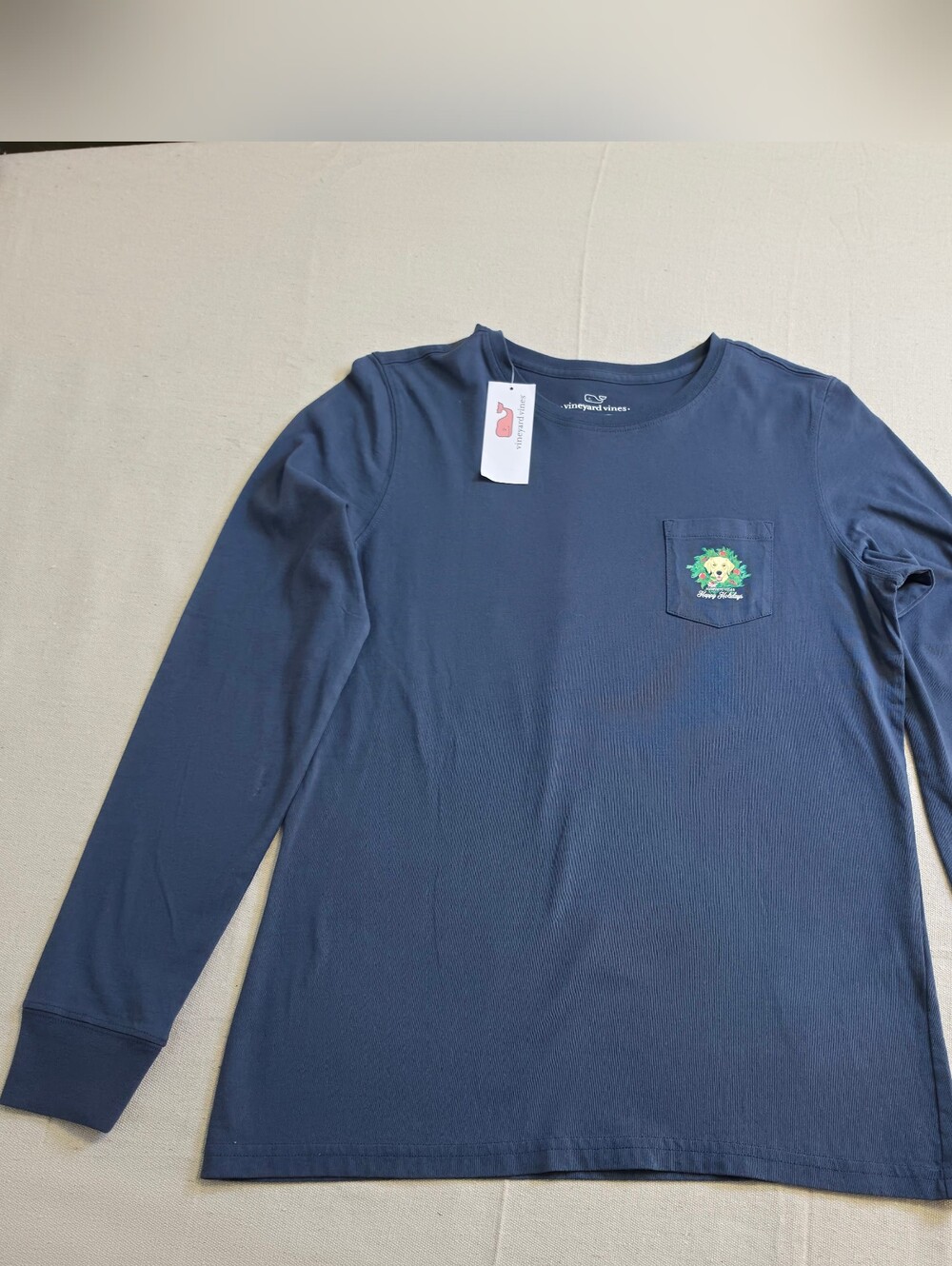 Vineyard Vines Long Sleeve T-Shirt Happy Holidays Dog Wreath NWT Blue Women's XS